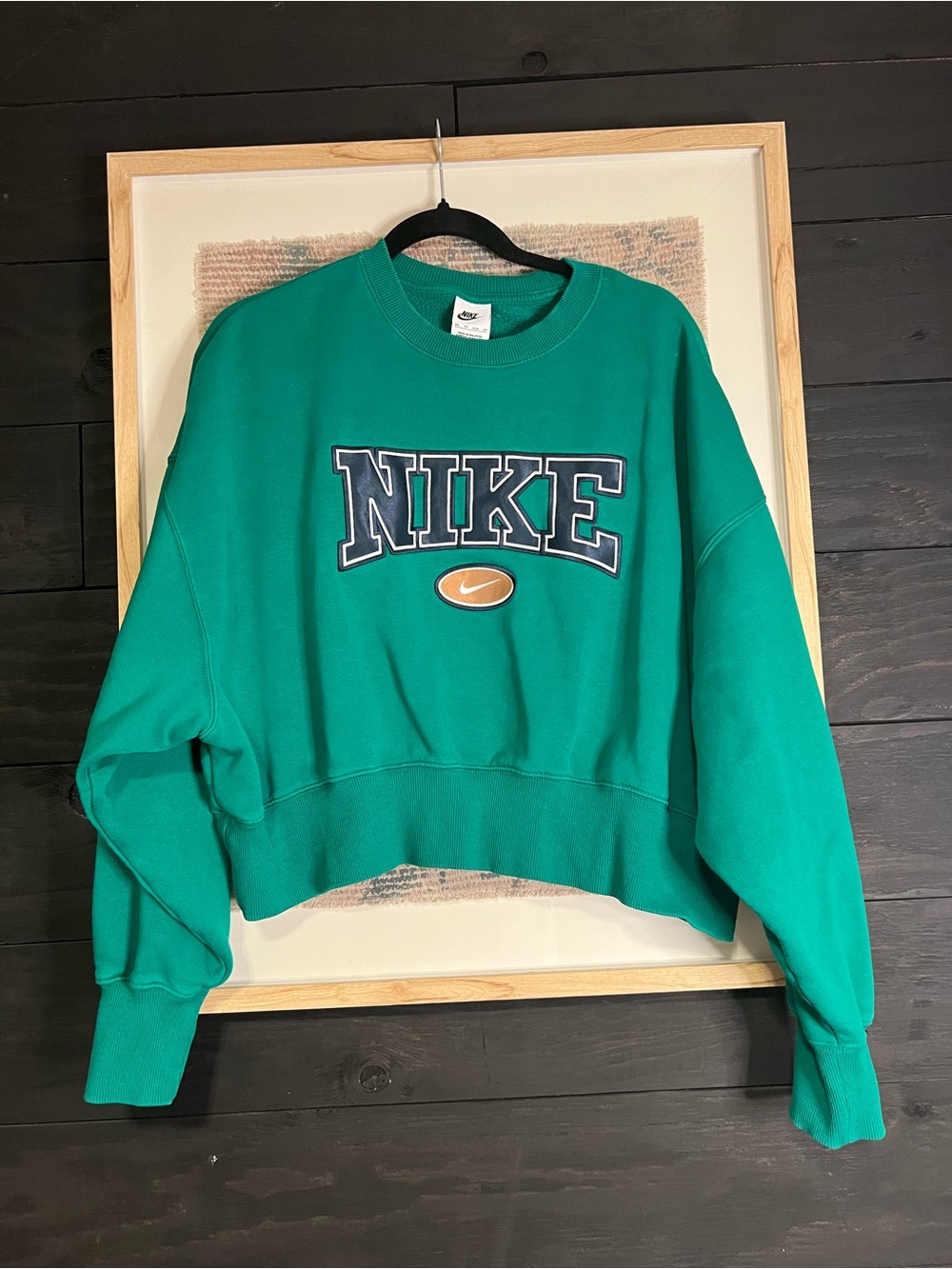 Nike Women's Green Cropped Sweatshirt with Navy Logo and Orange Swoosh